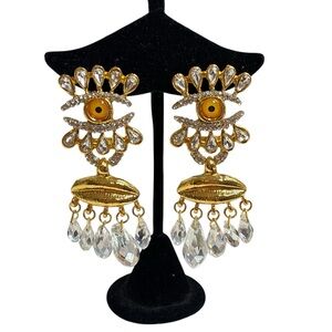 Stunning Gold Tone Clear Glass and Rhinestones Eye Statement Earrings